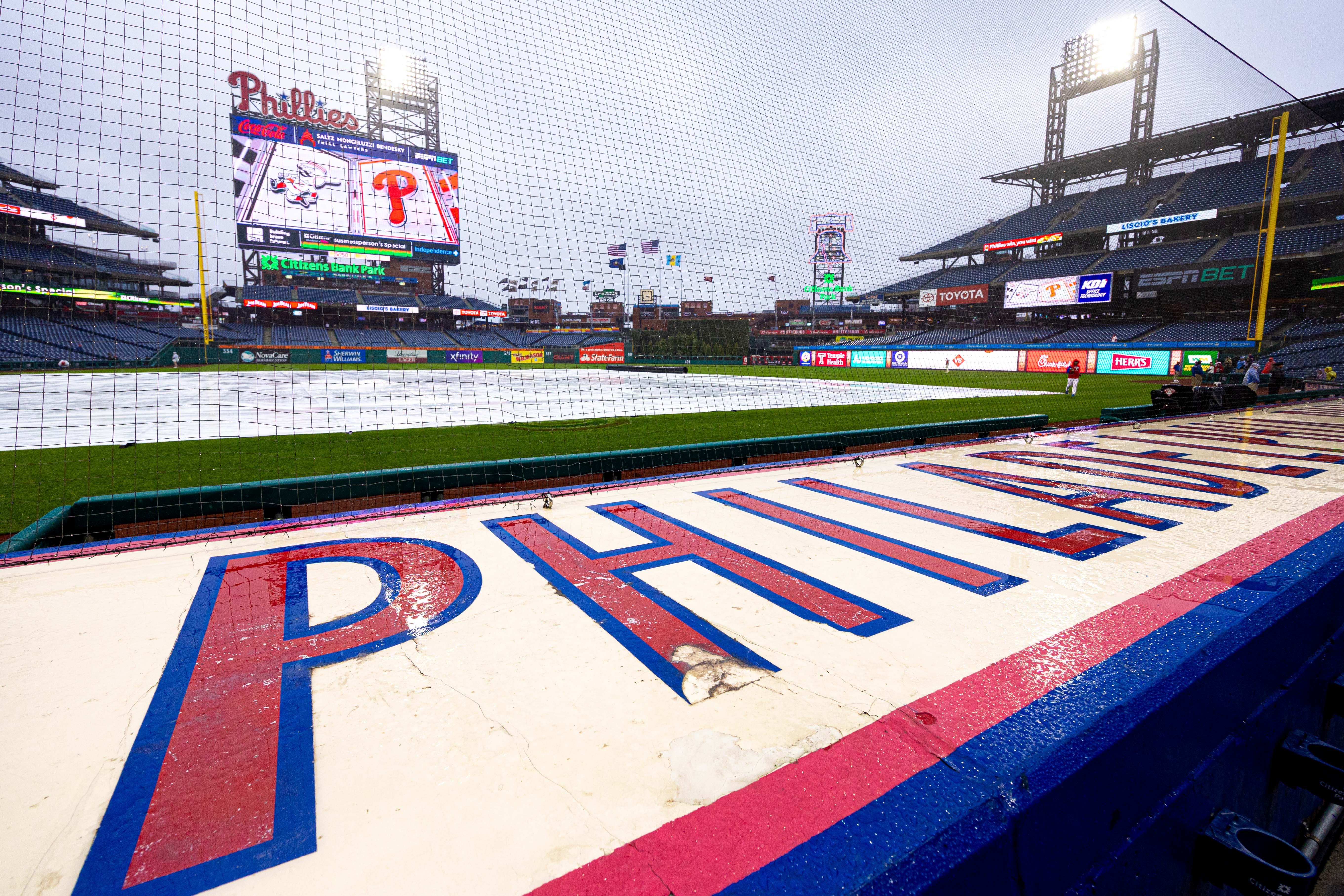 Apr 3, 2024; Philadelphia, Pennsylvania, USA; General view of Citizens Bank Park before a rain delayed game between the Philadelphia Phillies and the Cincinnati Reds. Mandatory Credit: Bill Streicher-USA TODAY Sports